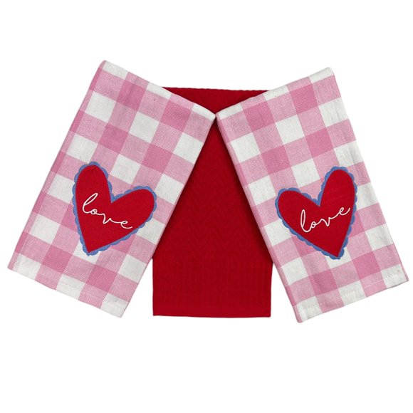 Serafina Home Valentine'S Day Love Hand Kitchen Dish Towels: Soft Absorbent Embroidered Gingham Pink Heart Love Design 100% Cotton Pink White Three Pc Set 16"" X 26""