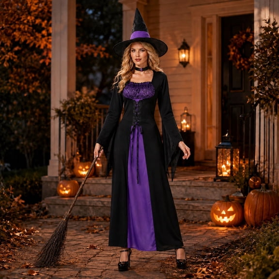 Women's Halloween Witch Costume Dress, Purple Vampire Witch Outfit for Halloween Party, Gothic Cosplay Dress for Masquerade, Role Play, Stage Performance and Costume Events,Adult(L)