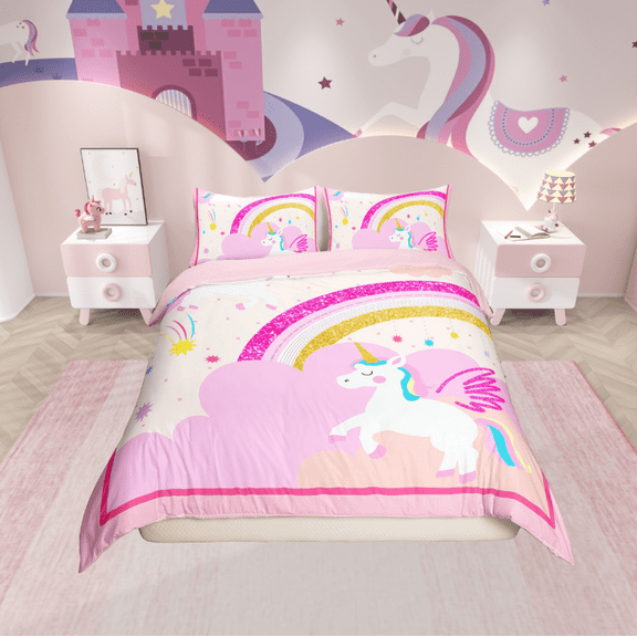 Erosebridal Cute Unicorn Comforter Cover Twin,Bling Glitter Bedding Twin SizeCartoon Rainbow Duvet Cover Twin,Ultra Soft Princess Room Decoration,Reversible,2-Piece(No Comforter)