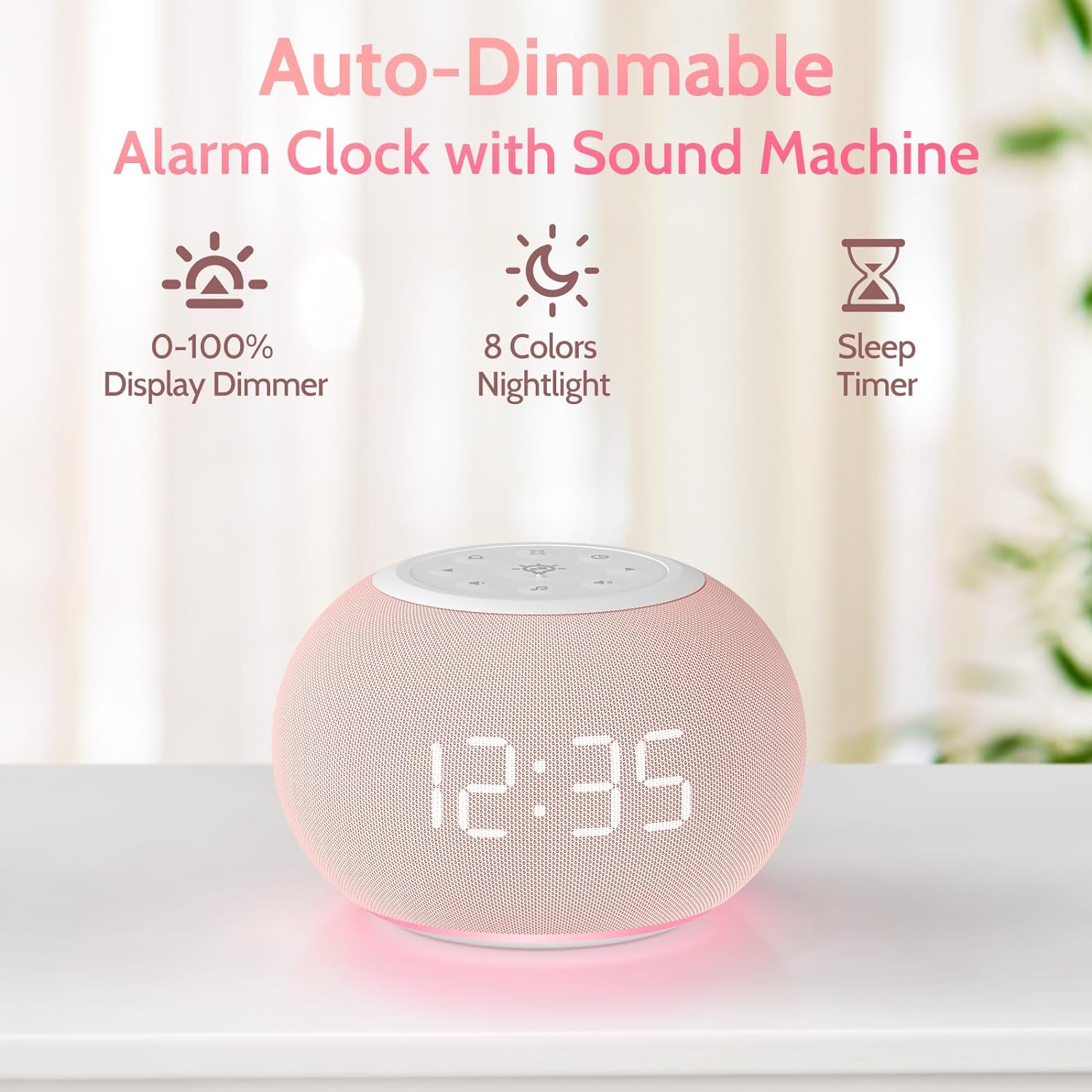 Auto Dimmable Sound Machine Alarm Clock with Night Lights, 20 Soothing Sounds, Sleep Timer, Precise Volume Control, Cute White Noise Soother for Girls, Kids, Bedrooms, Office