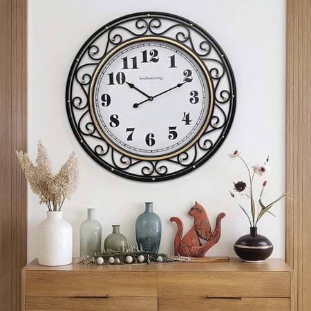 24 Inch Vintage Iron Metal Frame Wall Clock Silent, Battery Operated, Elegant Retro Decor for Living Room, Kitchen, Office, Dining Room, and Bedroom