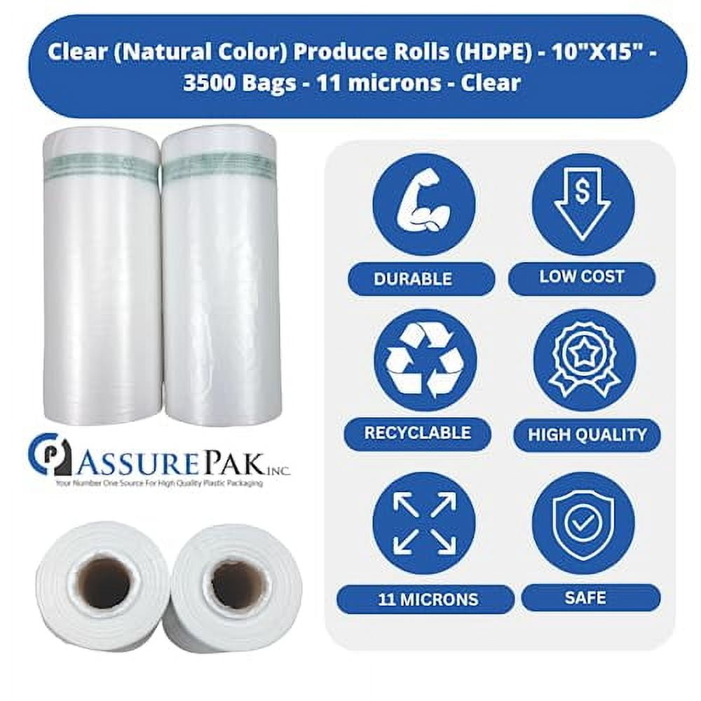 Plastic Bag-Clear HDPE Produce Rolls 10"x15" 11 mic (0.44 mil) - 3500 bags/case