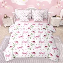 jejeloiu Cute Cartoon Bow 7-Piece Bedding Comforter Set,Rustic Floawer Floral King Bedding Sets,Pink White Bed Sheets For Teens,Microfiber Bedroom Decor Reversible