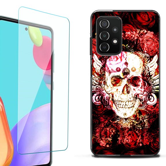 Slim-Fit Flexible TPU Gel Phone Case (black) for Samsung Galaxy A52 5G, with Tempered Glass Screen Protector, by OneToughShield ® - Rose Skull