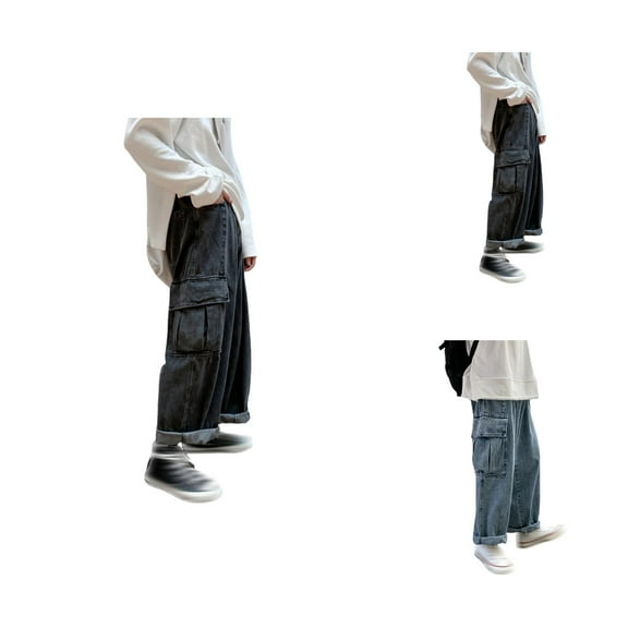 Jean Cargo Pants for Men 2025 Loose Fit Wide Leg Casual Cargo Denim Pants with Pockets Streetwear Mens Trousers