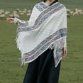 thumbnail image 4 of Women's Ethnic Style Diamond Pattern Pullover Poncho, Winter Warm Tassel Shawl Cape with Fringe, Versatile Travel Wrap for Various Occasions, Fashionable Bohemian Outerwear for Women - White, 4 of 5