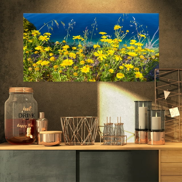 Wild Yellow Flowers over Sea Coast - Large Flower Canvas Art Print