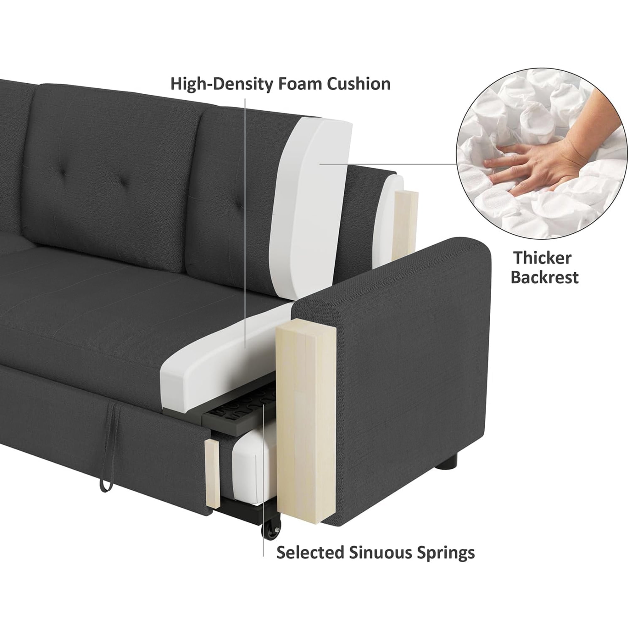 DEALTOPS Linen Reversible Sleeper Sectional Sofa Bed with Storage Chaise,Dark Gray