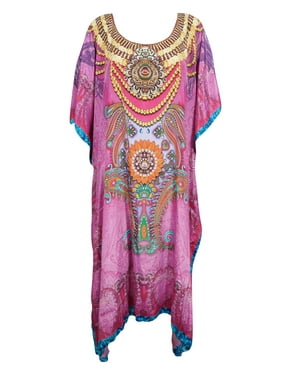 Mogul Women Maxi Dress Pink Caftan Jewel Print Resort Wear Goddess Long Kaftan Dresses One Size