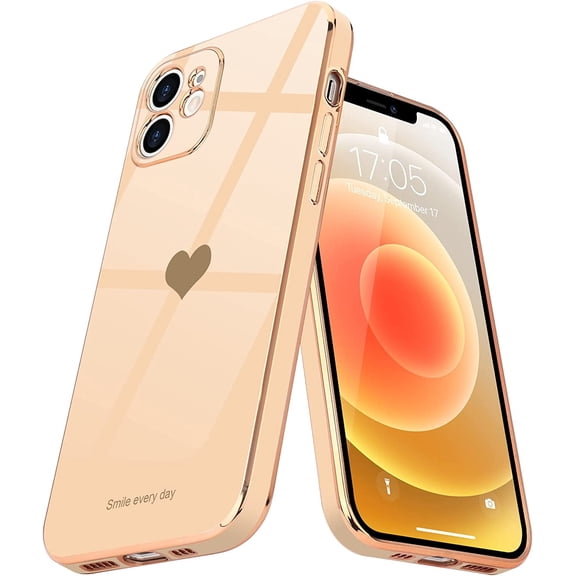 Compatible with iPhone 12 Case for Women Girl Cute Love-Heart Luxury Bling Plating Soft Back Cover Raised Full Camera Protection Bumper Silicone Shockproof Phone Case for iPhone 12, Pink