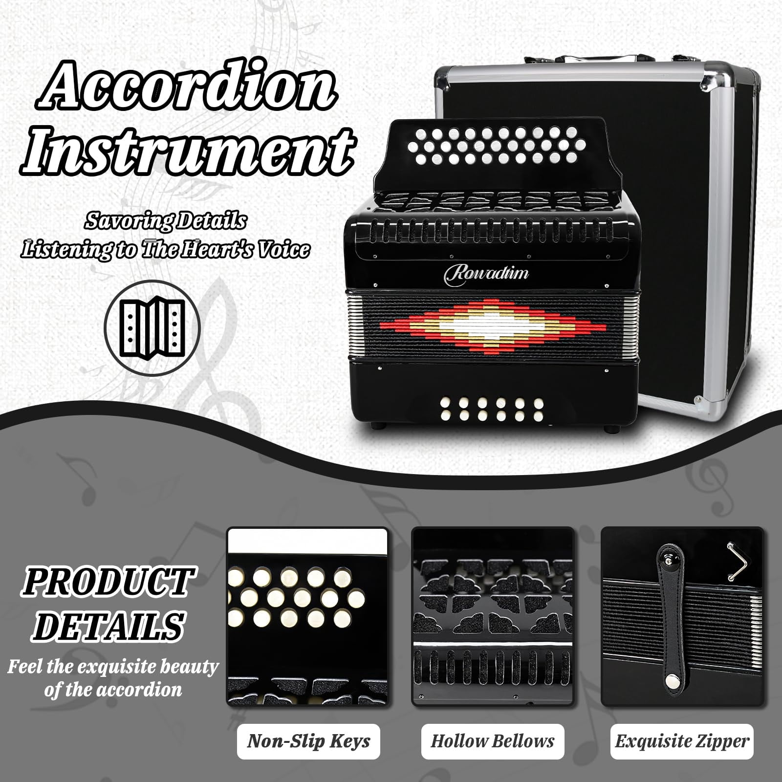 Rowadtim 31-Key Accordions, 12-Bass Diatonic Accordion, Ideal for Beginners; Tuned to F/B/E, Perfect for Musicians and Teachers; Comes with a Carrying Case, Shoulder Strap, Gloves（Black）