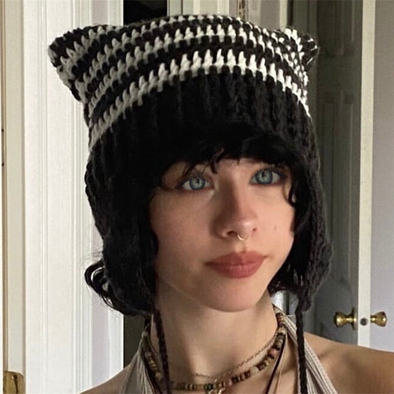 Y2K Goth Cat Ear Beanie Knitted Punk Emo Grunge Hat with Metal Rings Chain Gothic Bat Wings Cross Chain Cat Ear Knitted Beanies Hat – GTHIC main image 4