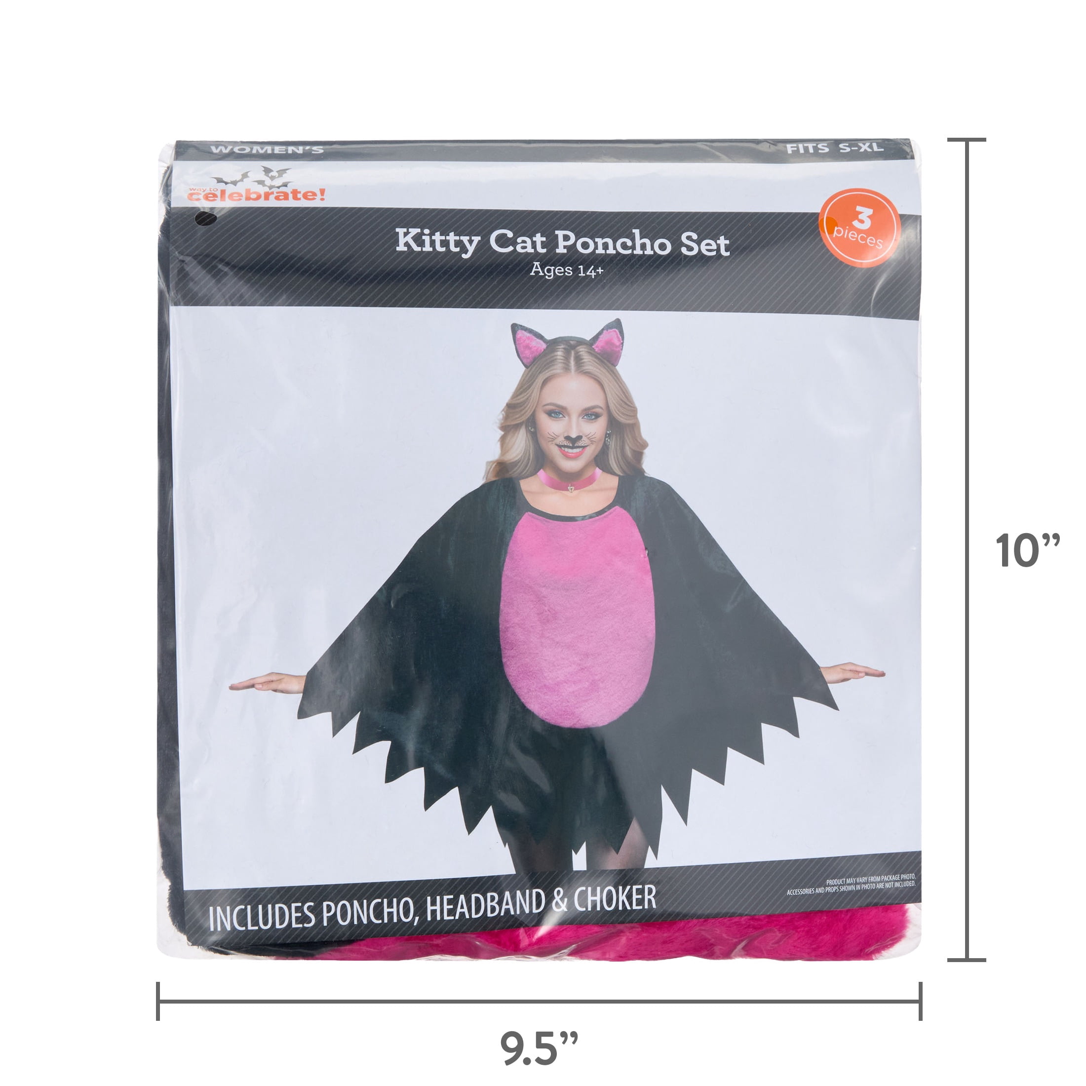 Kitty Cat Poncho Costume Accessory Set for Adults, Black and Pink, S-XL, 3 Pieces, Halloween by Way To Celebrate