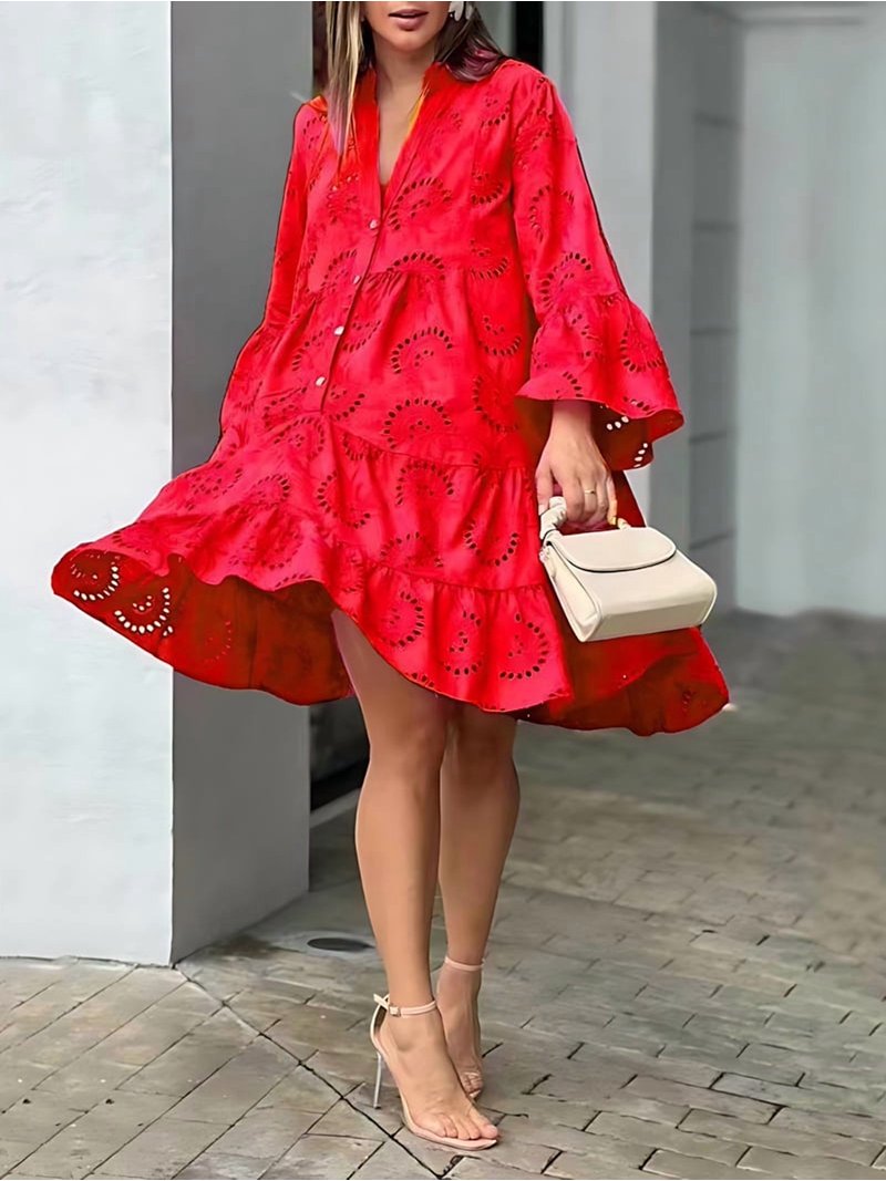 red eyelet dress womens Women'S 2025 Lace Eyelet Embroidery Dress V-Neck Trumpet Sleeve Boho Flowy  Swing Dress Big Red XL