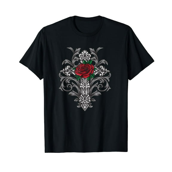 Gothic cross and rose bright, colorful, beautiful design on Black T-Shirt