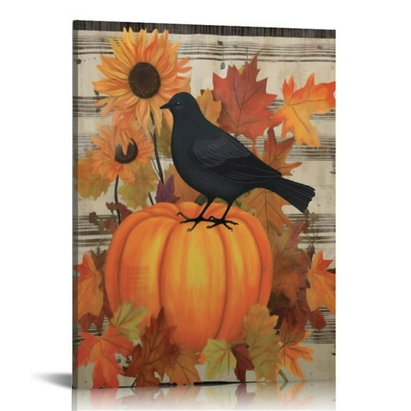 JRXY Fall Autumn Pumpkin Harvest Bird Sunflowers Framed Canvas Wall Art Decor 12×16 Inch for Living Room Bedroom Farmhouse 12x16 in