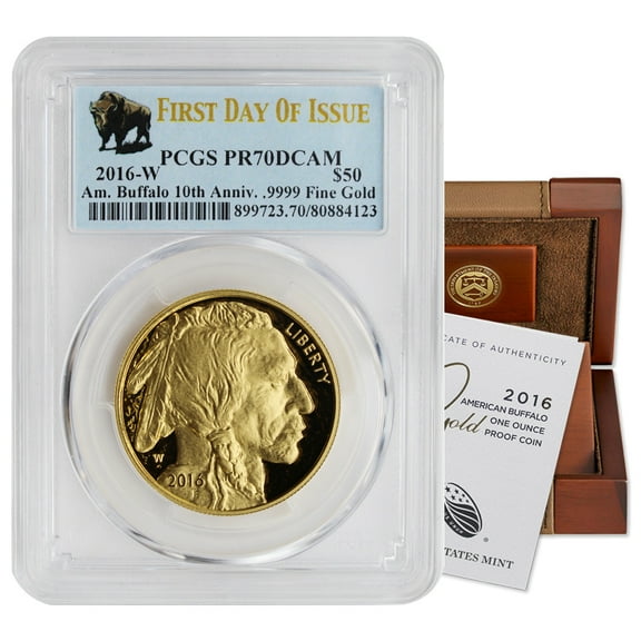 2016-W $50 Gold Buffalo PCGS PR70 Deep Cameo First Day of Issue Bison Label with Original Government Packaging