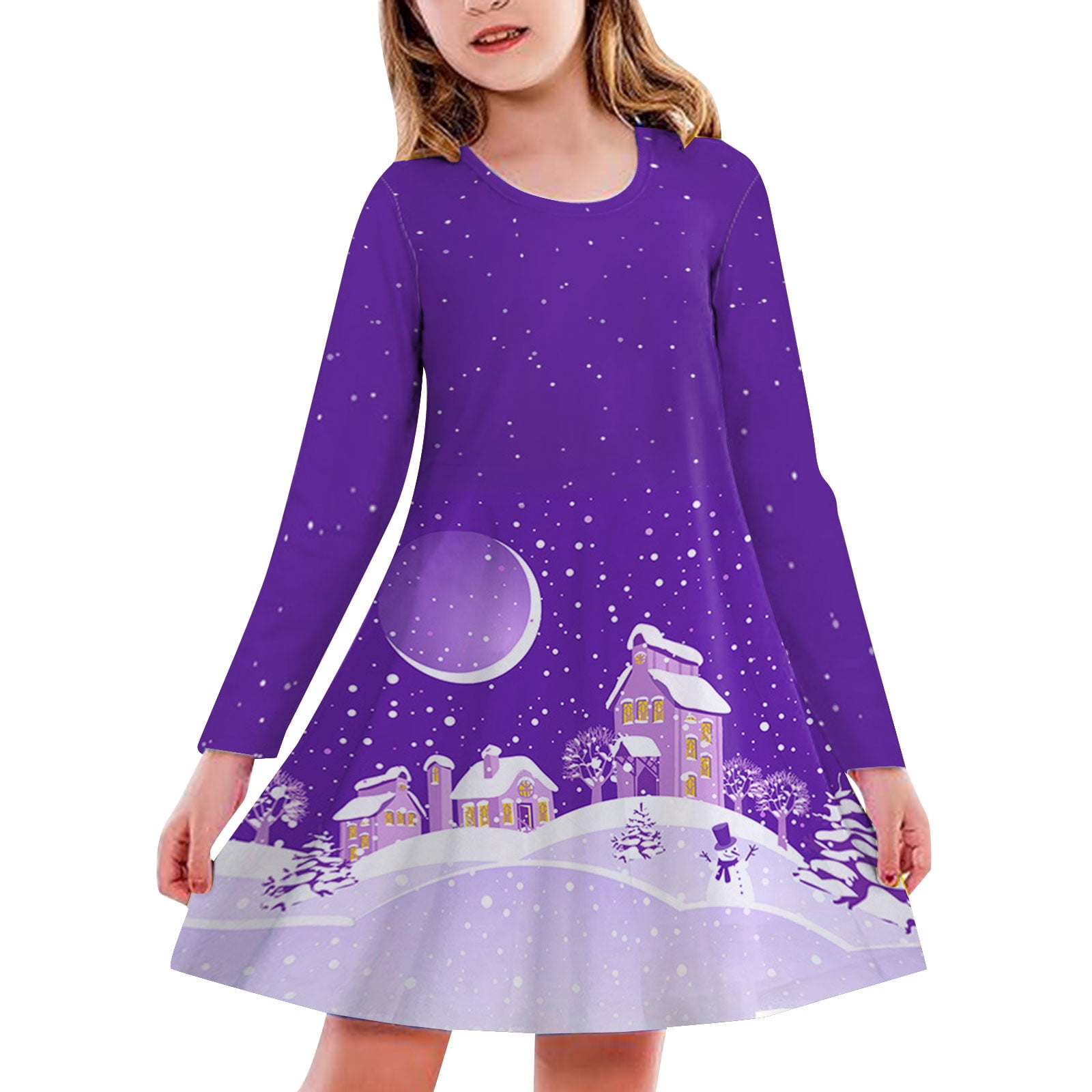 Robe De Noël Fille Enfants - Imprimé Sapins Et Cerfs Manches Longues - Pour Fête, Princesse, Ballet - 8