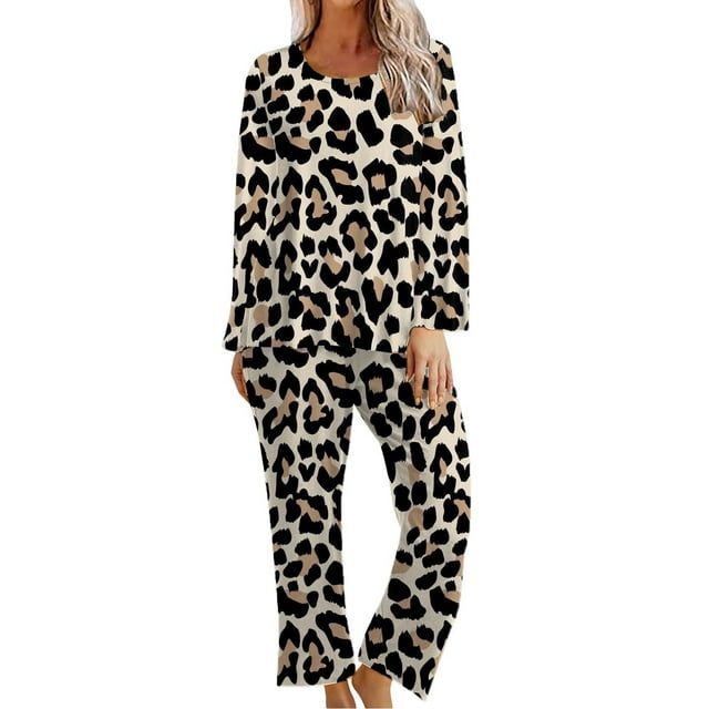 Aqestyerly Ensemble de Pyjama à Manches Longues Imprimé pour Femmes, Haut de Détente à Col Rond avec Pantalon et Poches pour Dormir