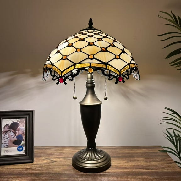 Tiffany Table Lamp Beige Stained Glass Crystal Beans LED Bulbs Included For Living Room Bedroom Bedside 14"W*14"D*21"H