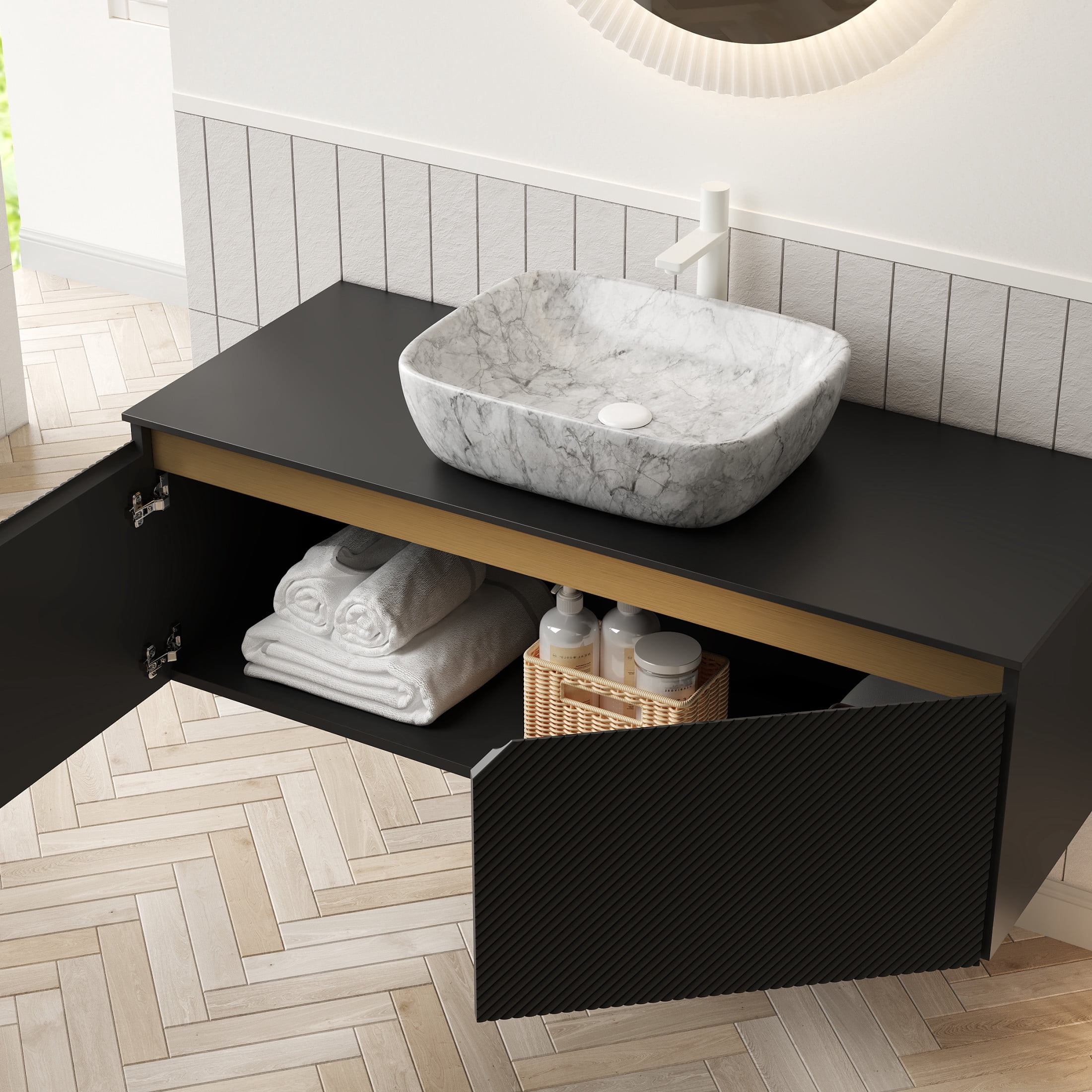 Noble House RUBEN 48" Floating Bathroom Vanity, Sintered Stone Top Cabinet with Gray Stone Ceramic Vessel Sink, Black