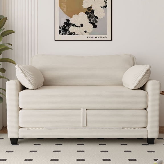 S-HOME Multi-Functional Corduroy Loveseat Sofa Bed, 2-Seater Two-Form Conversion with Side Storage, for Small Apartments and Living Rooms, Beige