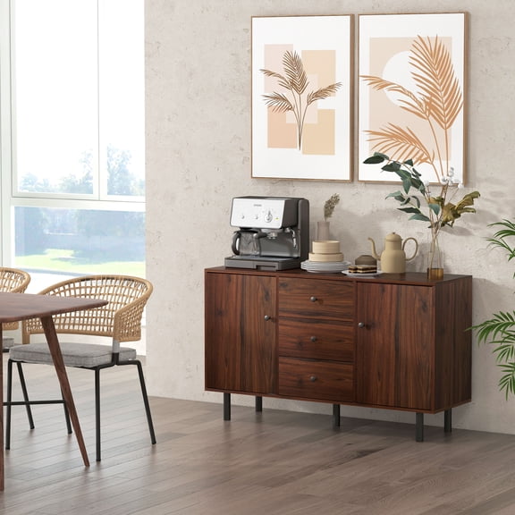 Xukmct Kitchen Buffet Cabinet with 4 Shelves, 3 Drawers Coffee Bar Cabinet for Living Room, Entryway, Rustic Brown