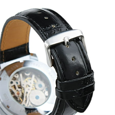 Mens Hand-winding Mechanical Watch White Dial Black Leather Strap Luxury