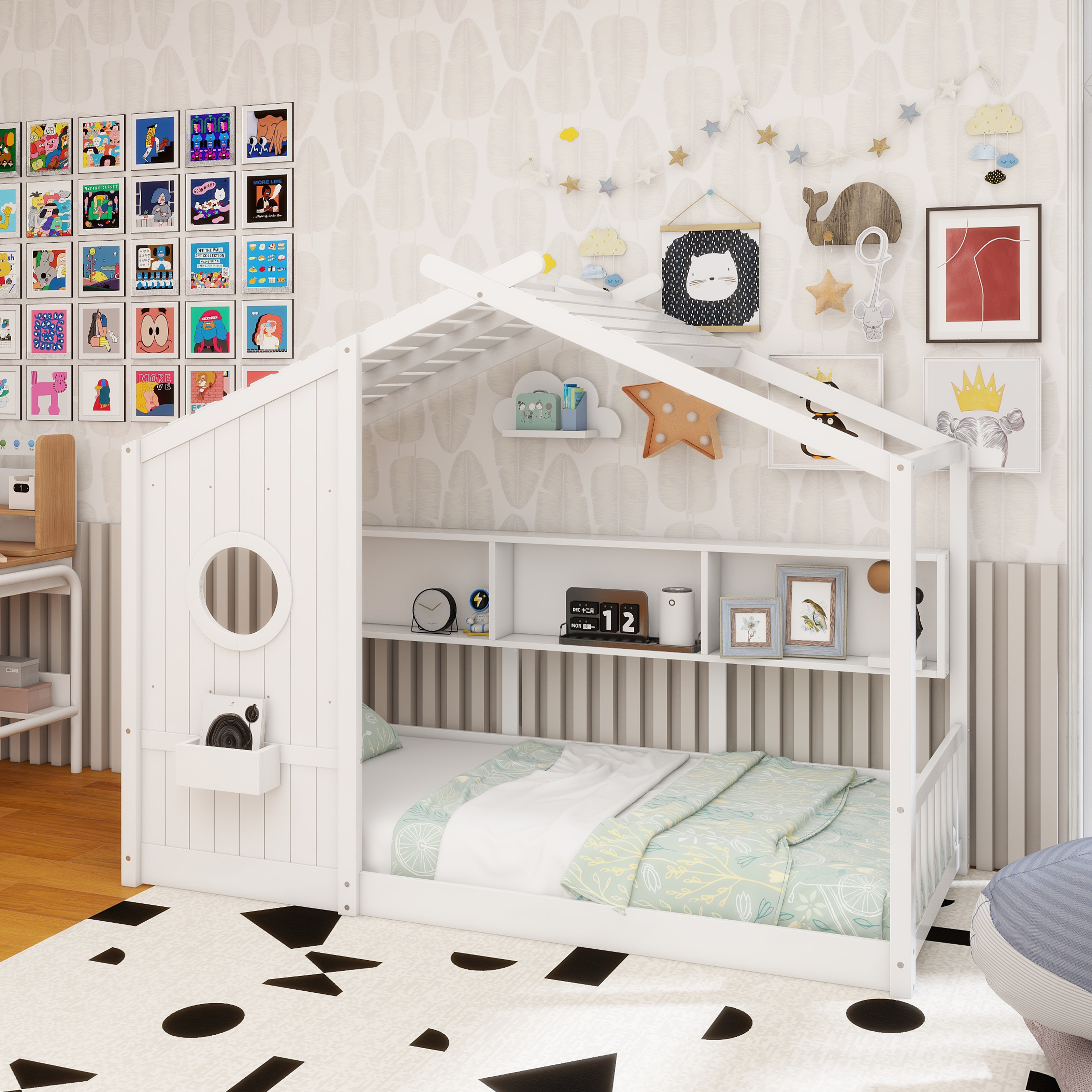 Twin Size Floor House Bed for Toddler, Kids Montessori Bed with Storage Shelf, Playhouse Bed with Roof Design, White