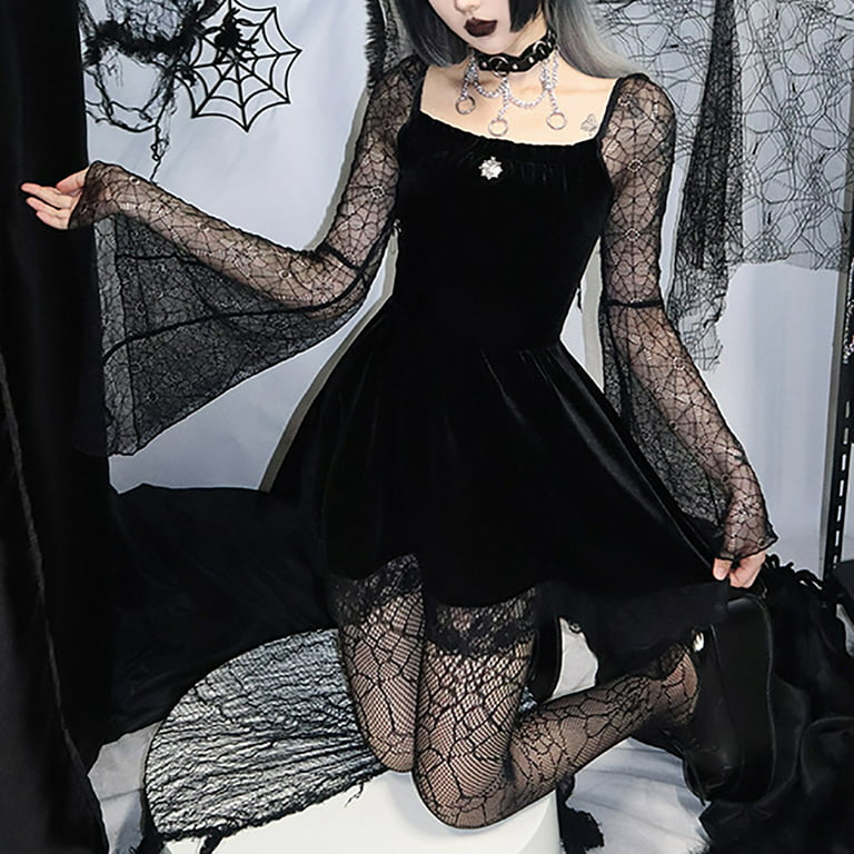 Women Gothic Lolita Dress Vintage Lace Punk Long Sleeve Y2K Mini