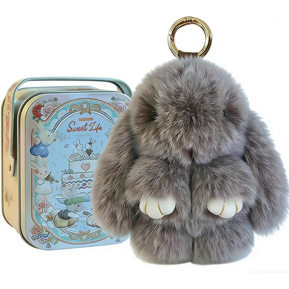 Esterze Fluffy Bunny Keychain Soft Plush Rabbit Keychain with Tin Box, Cute Stuffed Animal Bunny Backpack Bag Charm
