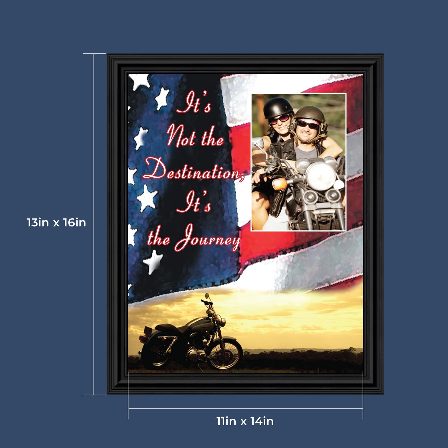 Harley Davidson Gifts for Men and Women, Patriotic Harley Accessories, Harley Davidson Wedding Gifts, Sunset American Flag for Harley Riders, "It's Not the Destination" Unique Motorcycle Decor, 5028