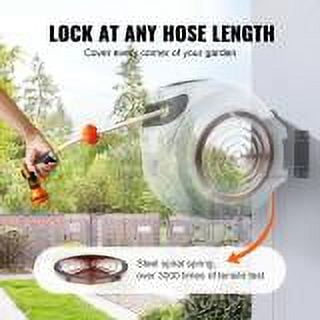 KFFKFF Retractable Hose Reel 115'x1/2" Wall-Mount Hose Reel with 180° Swivel, 9-Setting Nozzle, Auto Rewind, Length Lock, Controlled Retraction