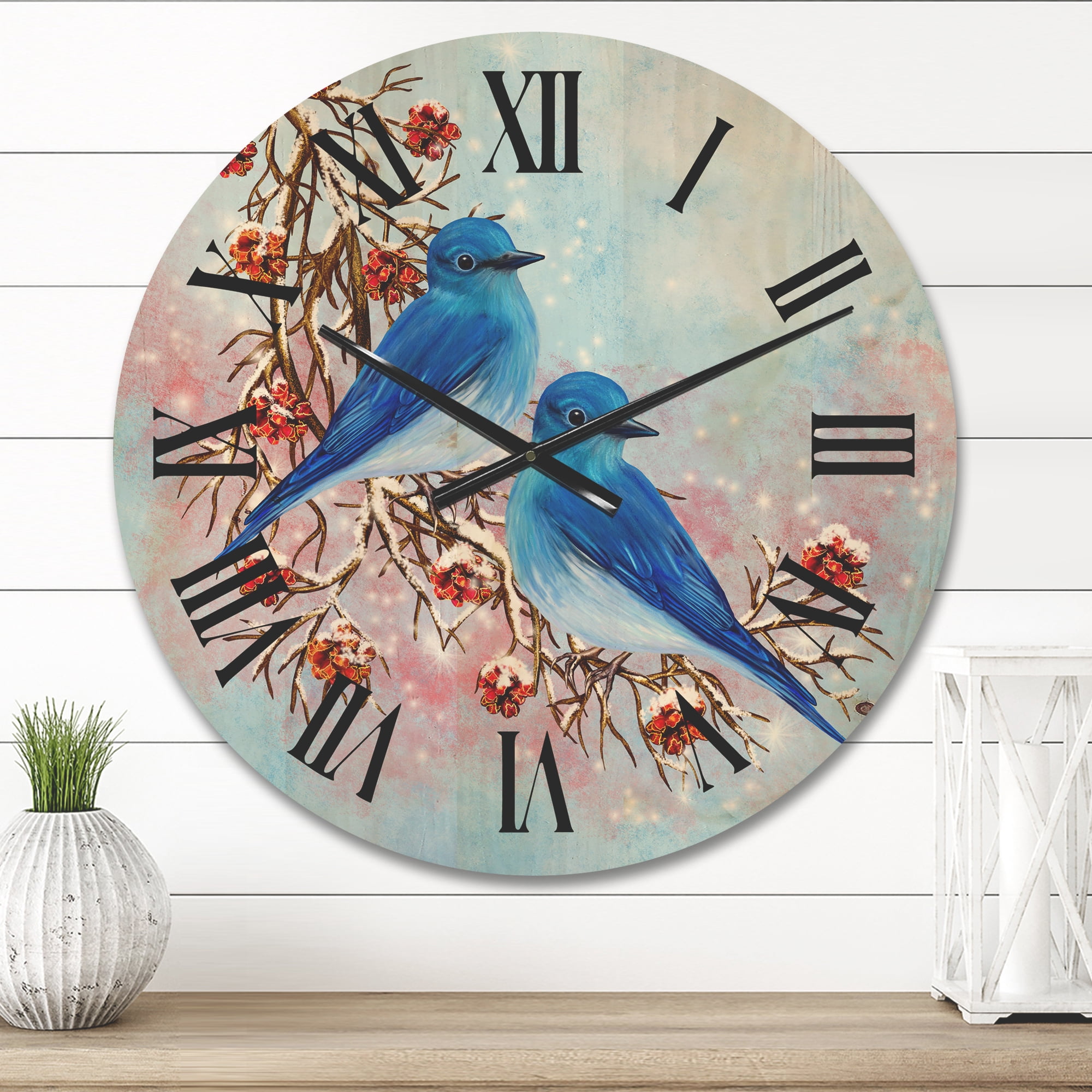 Designart 'Two Blue Birds Sitting On A Branch With Berries In Winter' Traditional Wood Wall Clock