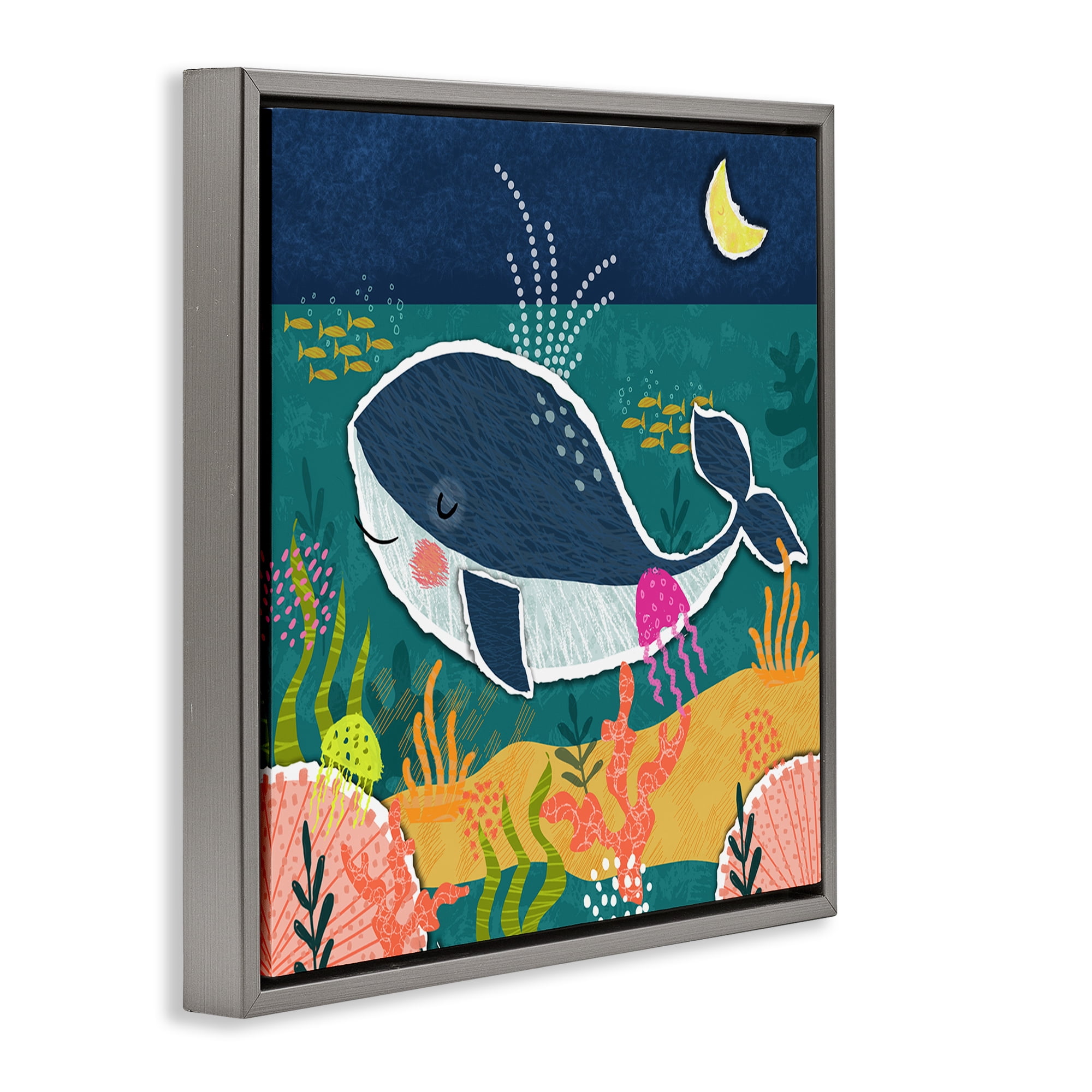 Stupell Industries Whale At Nighttime Animals Painting Gray Floater Framed Canvas Art Print Wall Art, 25 x 25