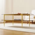 thumbnail image 3 of Rectangle Coffee Table, Mid-Century Modern Design, L41*W21*H17 inch, for Living Room, Amber Glass Top and Walnut Finish Wood Shelf, Conical Metal Legs with Gold Finish, 3 of 5