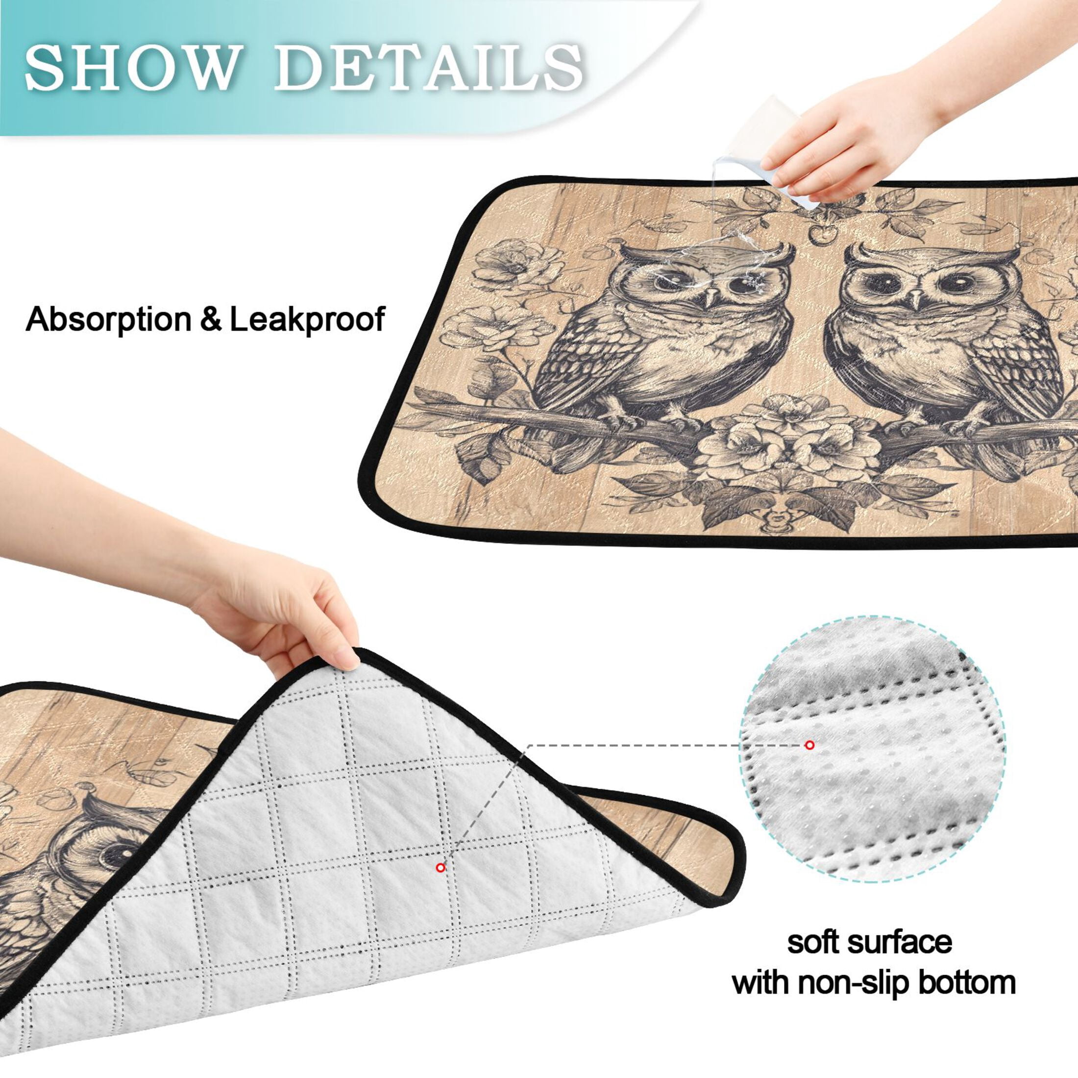 Qxltty Two Owls Sitting on Opposite Branches Cat litter Pads Pet Set of 3 Diaper Mats Center Anti-leakage Layer Absorbent Soft and Comfortable