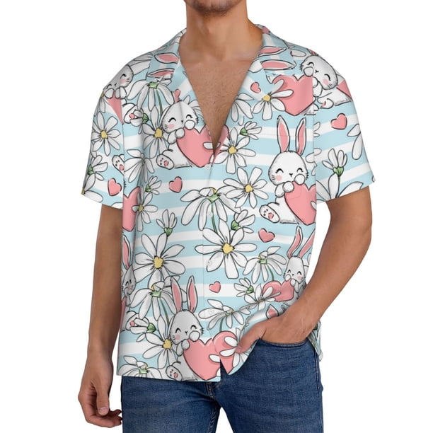 Fotbe Cute Rabbit And Heart Camisa Estampada de Manga Corta para Hombre, Casual de Verano, Estilo Playero, Sin Arrugas-XX-Large