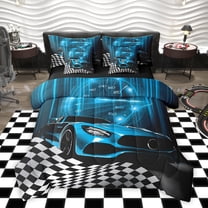 Homewish Blue Chic Automobile Twin Bedding Sets 7-Piece, Modern Checkered Flag Bedding Comforter Set, Extreme Sports Lover Reversible Sheet Sets, Lightweight Room Decor