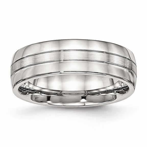 Stainless Steel Brushed and Polished Grooved 6.50mm Band Ring - Size 10