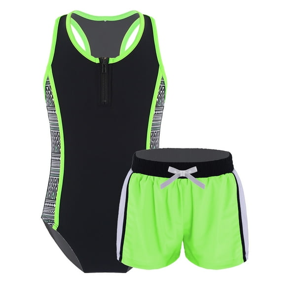 YONGHS Kids Girls Two Piece Athletic Swimsuit Racer Back Jumpsuit with Boyshorts Bathing Suit Fluorescent Green 16