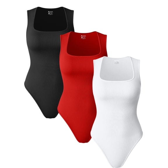 OQQ Women 3 Piece Bodysuits Sleeveless Square Stretch Basic Tank Tops Bodysuits