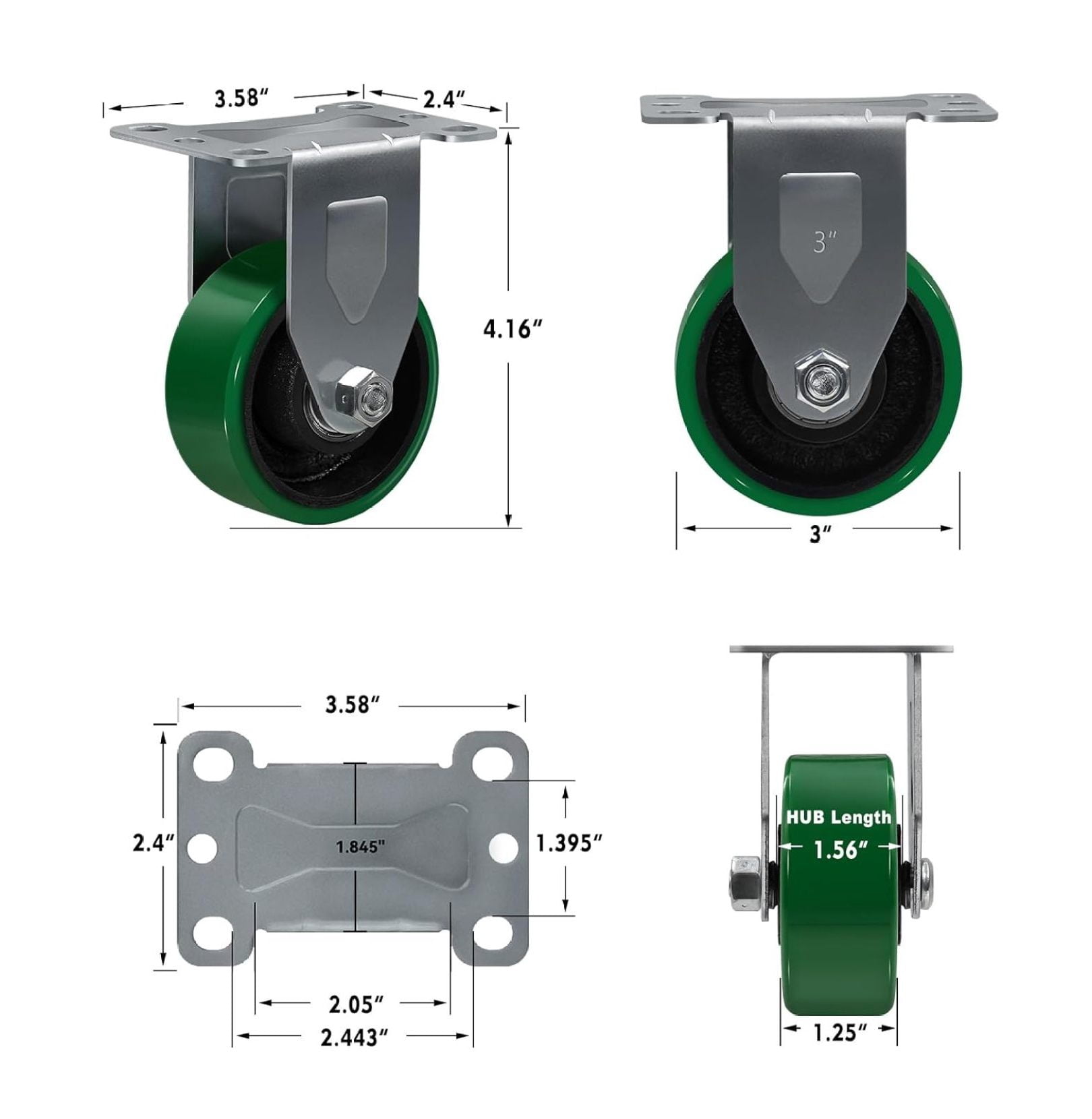 Caster Wheels, 3" Heavy Duty Industrial Casters Set of 4 with Load 1400lbs Capacity, Polyurethane Wheels for Cart Furniture(2 Swivel & 2 Rigid)