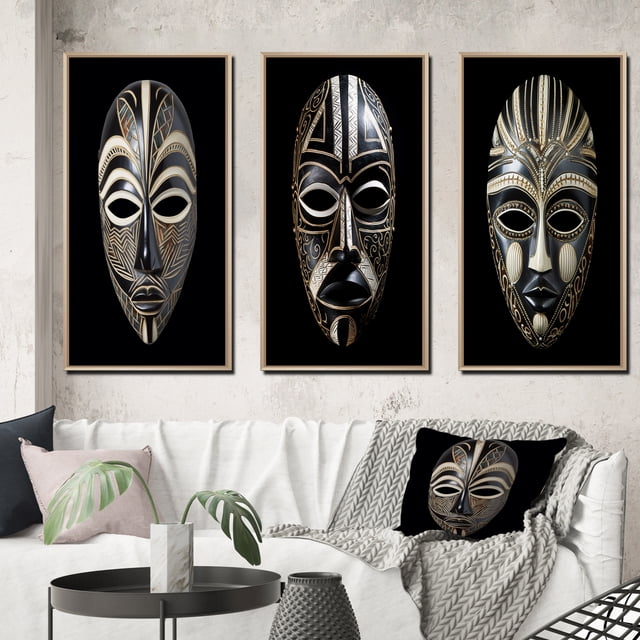 Designart "Traditional African Mask Ethnically Crafted XII" African Tribal Framed Wall Art Set Of 3 - Black African Tribal Frame Canvas Set For Living Room Decor