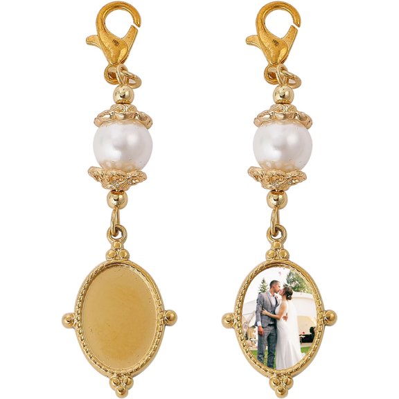 2Pcs Wedding Bouquet Charm Ellipse Stainless Steel Gold Memorial Photo Pendant with Freshwater Pearl and Necklace Boxes