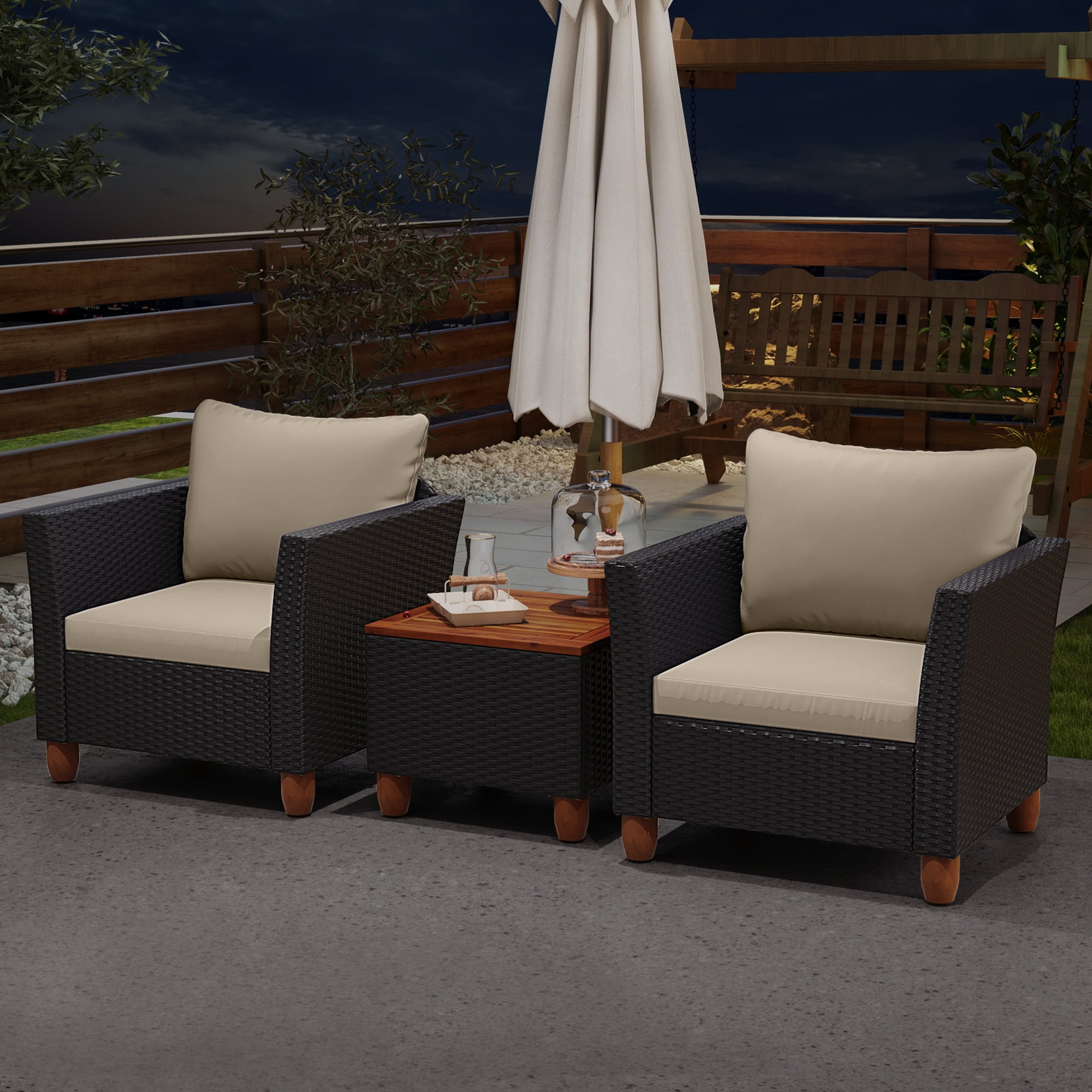 Costway 3PCS Outdoor Patio Rattan Furniture Set Wooden Table Top Cushioned Sofa White Cushion