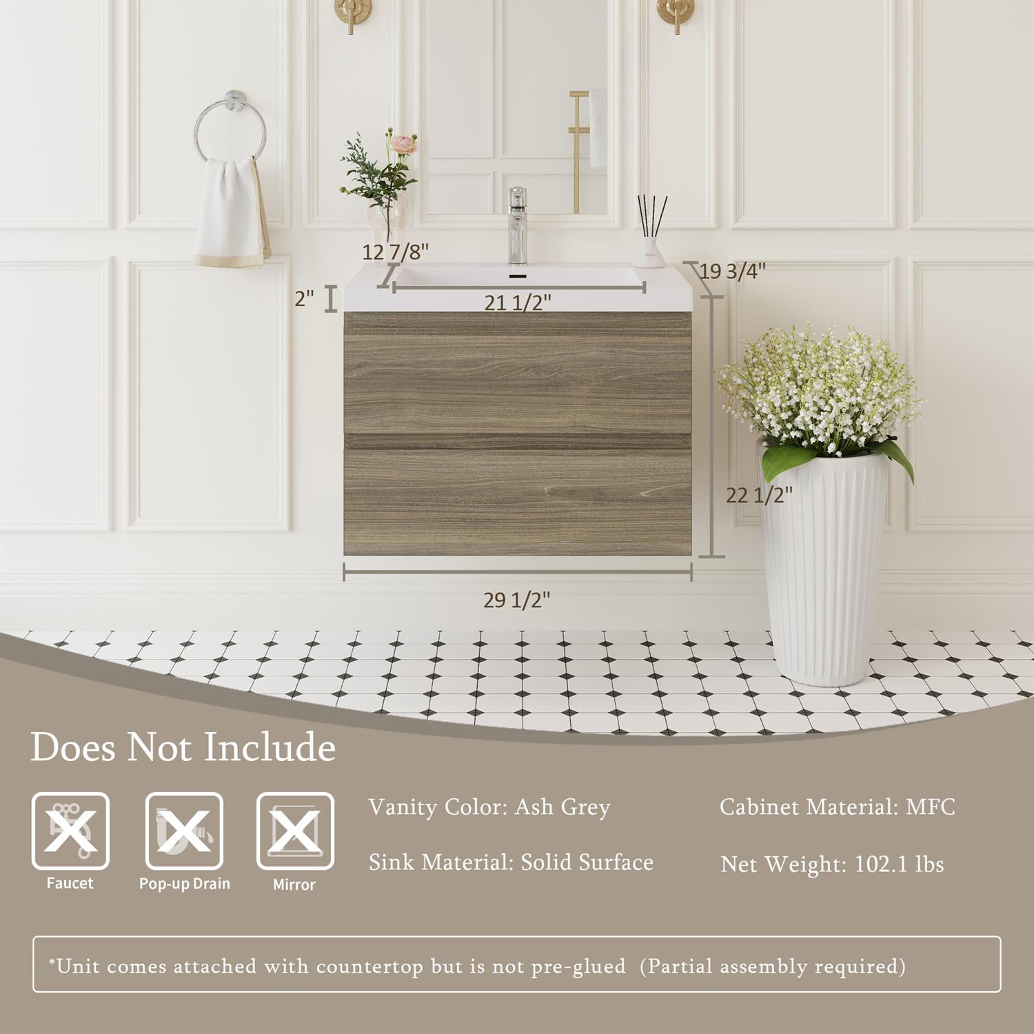 Demi Bonn 30" Floating Bathroom Vanity with Sink, Resin Top Basin and 2 Soft Close Drawers, Faucets and Drains Not Included, Gray