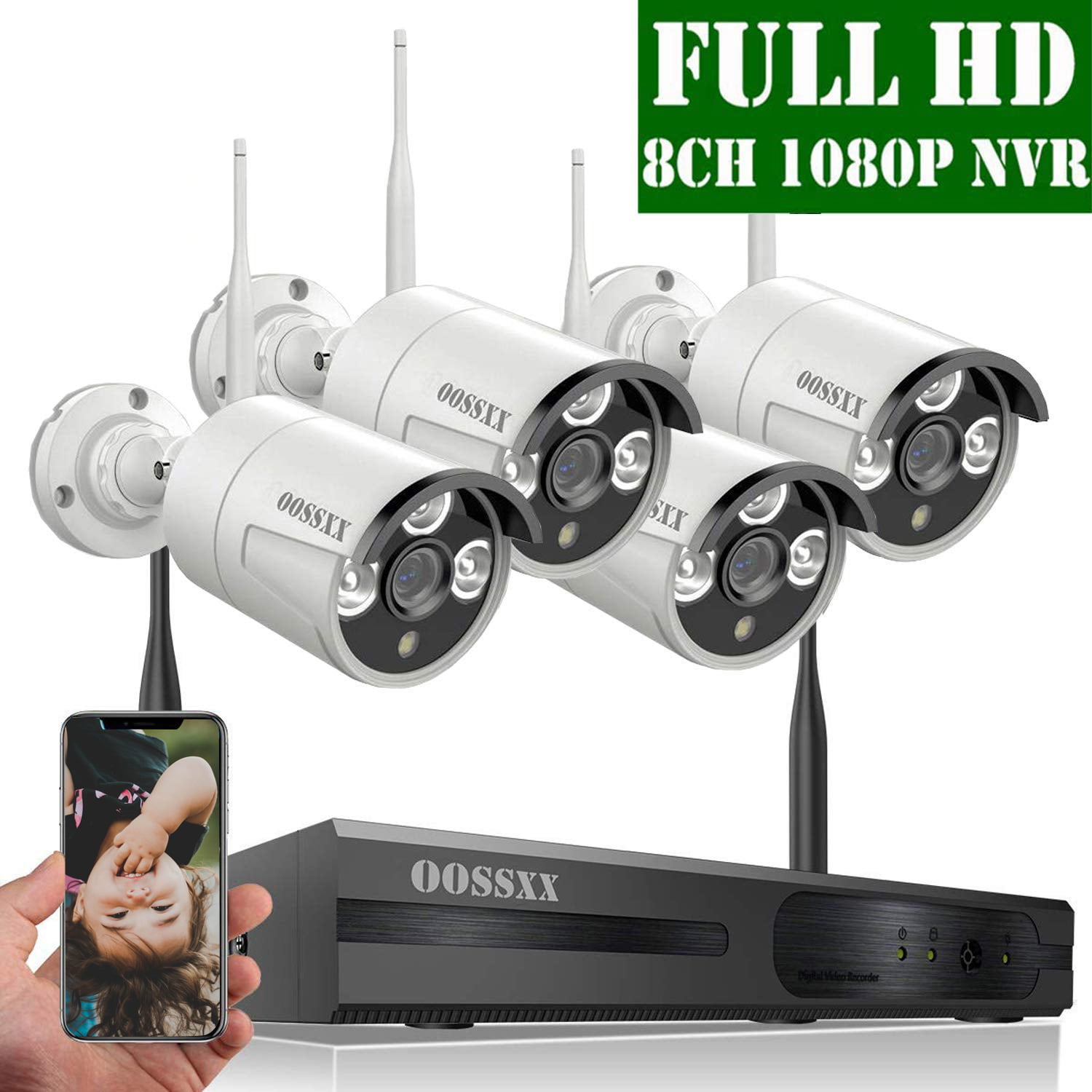 Wireless Security Camera System, OOSSXX 1080P Home Surveillance Cameras System, 8CH NVR and 4pcs