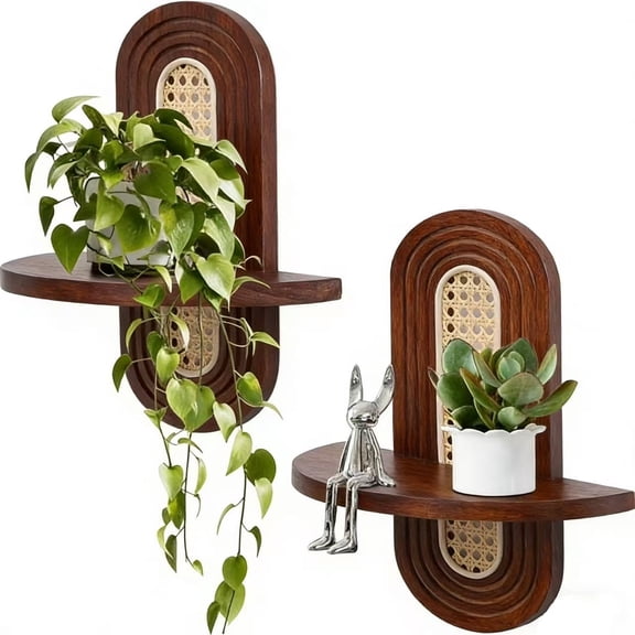 Floating Shelves for Wall, Boho Rattan Shelf Set of 2, Nature Wood Shelves for Living Room, Bedroom