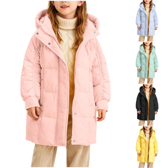 Agkizg Girls Long Hooded Down Coat Thick Warm Winter Puffer Jacket with Pockets Solid Color Casual Outerwear for